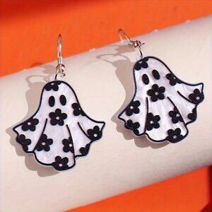 #28 Cute Ghost Acrylic Drop & Dangle Earrings with Black Flower Pattern